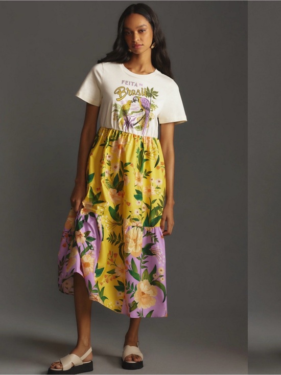 FARM Rio Dresses & Skirts - Farm Rio Tiered Tee Dress Anthropologie Mixed Poplin T-Shirt Cotton Brazil M